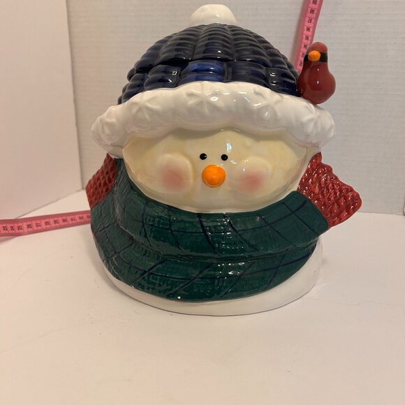 Vintage Snowman Cookie Jar with Cardinal | Winter Ceramic Kitchen Décor - Picture 1 of 9